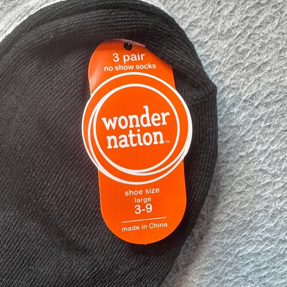 Wonder Nation No Show Socks Kids Large 3-9 Multi 3 Pair Pack Low Cut Breathable